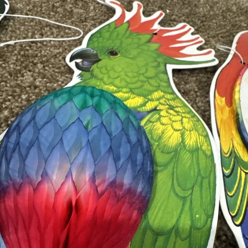 VTG Lot Of 3 Amscan Hanging Birds Toucan Parrot Decor Honeycomb Tissue Tiki